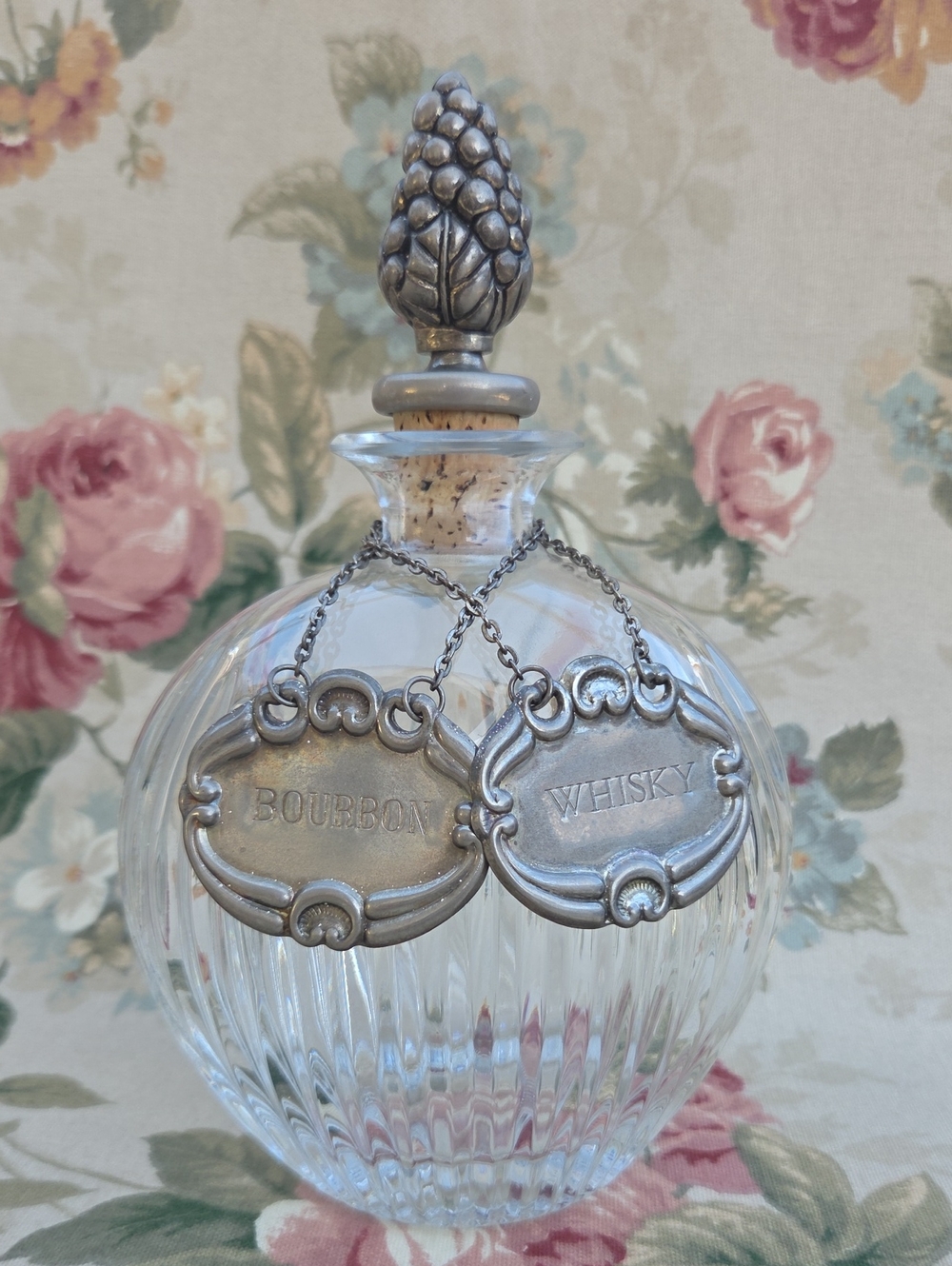 Vintage Glass Spirit Decanter with Silver Tone Labels - Clear